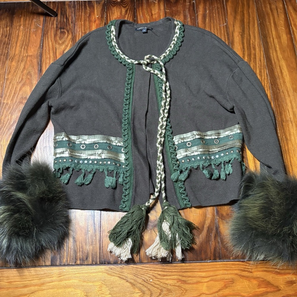 Alberto Makali Green Fur Tassel Funky Vtg Y2K Cardigan Sweater Sz S A1525